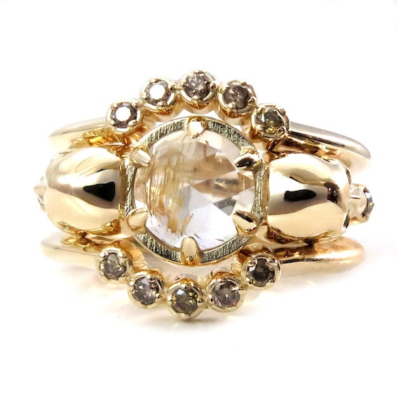 Day of the Dead Skull Engagement Ring Stacking Set - Rutile Quartz with Champagne Diamond Arc Bands