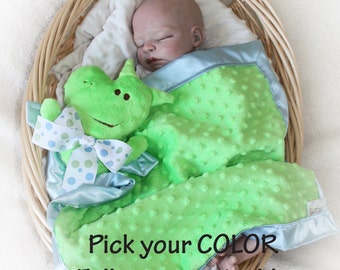 Minky Dragon Security Blanket, Lovey Blanket, Satin, Baby Blanket, Dragon Stuffed Animal, Dragon Toy Customize Color Add Monogramming