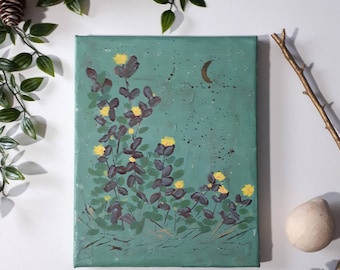 Acrylic on Canvas Original Floral Painting Impressionistic art | "Yellow Flowers Under the Moon" 8" x 10"|Wall art|Home decor|Nature lover