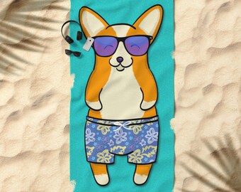 Corgi Beach Towel - Fluff In The Sun - 30" x 60" or 36" x 72" - Different Corgi Colors Available - Sunbathing Corgi Towel