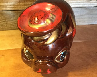 Vintage Brown Pig with Hat Piggy Bank