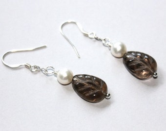 Smokey Quartz Leaf Earrings - Freshwater Pearl Earrings - Silver Earrings - June Birthstone - Mothers' Day Gift