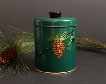 Vintage Metal Canister by Ramsburg Dark Green with Handpainted Pine Cone and Sprig