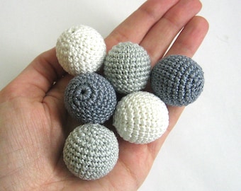 Crocheted beads 27 mm 6pc handmade round white and gray