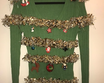 Ugly Tacky Christmas Sweater with Green Garland Size-S