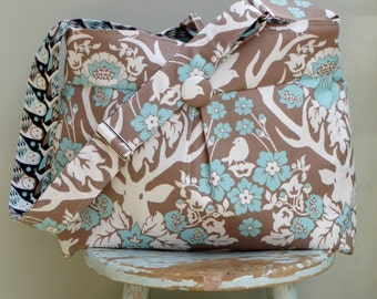 Brownn Diaper Bag Extra Large Deer Antler Damask - 6 Pockets - Key Fob - Adjustable Strap