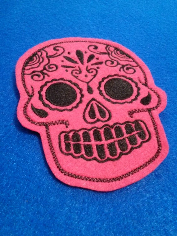 Mexican Day of the Dead Sugar Skull Patch Embroidery black and limeDay of the Dead, Sugar Skull embroidery patch hot pink and black iron on