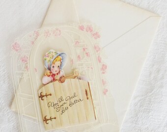Vintage Unusual Get Well Card 1950s Girl at Gate Small Size Unused
