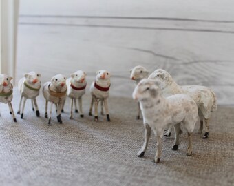 Vintage Lot of 8 German Putz Stick Leg Sheep, Vintage Easter/Christmas Decoration, Vintage German Sheep, Vintage German Lamb