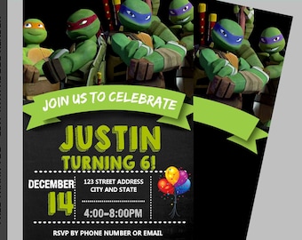 Instant Download, TMNT Birthday Invitation, TMNT Invitation, Teenage Mutant Ninja Turtles Invitation, Chalkboard- Free Thank You Card