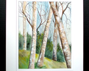 Birch Trees in Nature Original Watercolor Painting, Landscape Wall Art, Home Decor, Gift Art