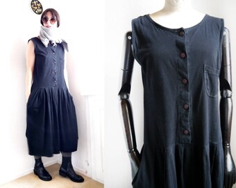 Black Jersey dress vintage sleeveless mid length dress drop waist front button pocket dress 80s 90s
