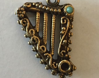 FREE SHIPPING-Vintage-1940's-14K Gold-Lyre Harp-Jewel Accents Scrolls-Charm