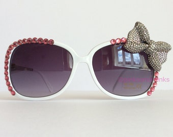 Bowtique - White Embellished Sunglasses Silver Sparkly Bow Pink Crystal Rhinestones Bling Glam Sunnies