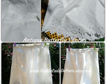 Antique White Panties Butterfly Richelieu Embroideries Scalloped Monogram Cotton Antique French Lingerie Medium / Large #sophieladydeparis