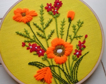 Embroidered Floral Hoop Art / Wall Art, Vintage 70s Minuet Red & Orange Wildflowers Embroidery Textile / Fiber Flower Retro Gift For Her