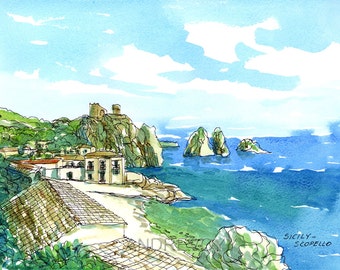 Scopello Sicily Italy art print from an original watercolor painting
