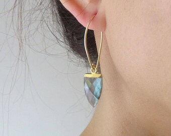 Gold Spear Gemstone Earrings - Gold Dangle Earrings - Labradorite Earrings