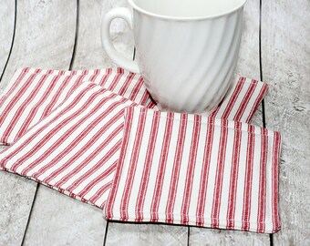Red & White Ticking Coasters, Set of 4