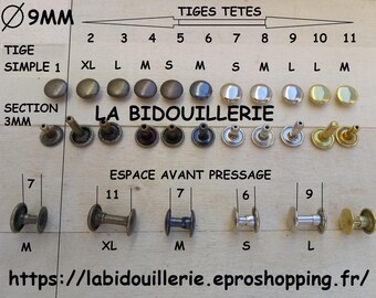 RIVET 9mm Tige Tete ou Trompette Bronze , Doré , Argenté ou Canon , Tiges courtes ou longues Section 3mm , Rivet de qualité