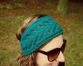 Turquoise Knit Headband with Pretty Lace Pattern Knitted Hair Band Winter Hair Accessory Boho Head band Knit Hair Wrap - Knit Lace Headband