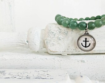 Anchor driftwood genuine gemstone stretch bracelet