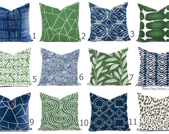 Pillow Covers Custom - Blue Italian Denim Pine Green Kelly White Linen Look Ikat Tribal Modern- All sizes 16x16 18x18 Throw Accent
