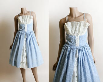 Vintage 1950s Dress - Sky Blue Gingham Sundress - 50s Dorothy Gale White Eyelet Fan Shelf Bust - Ruffle Skirt - Small