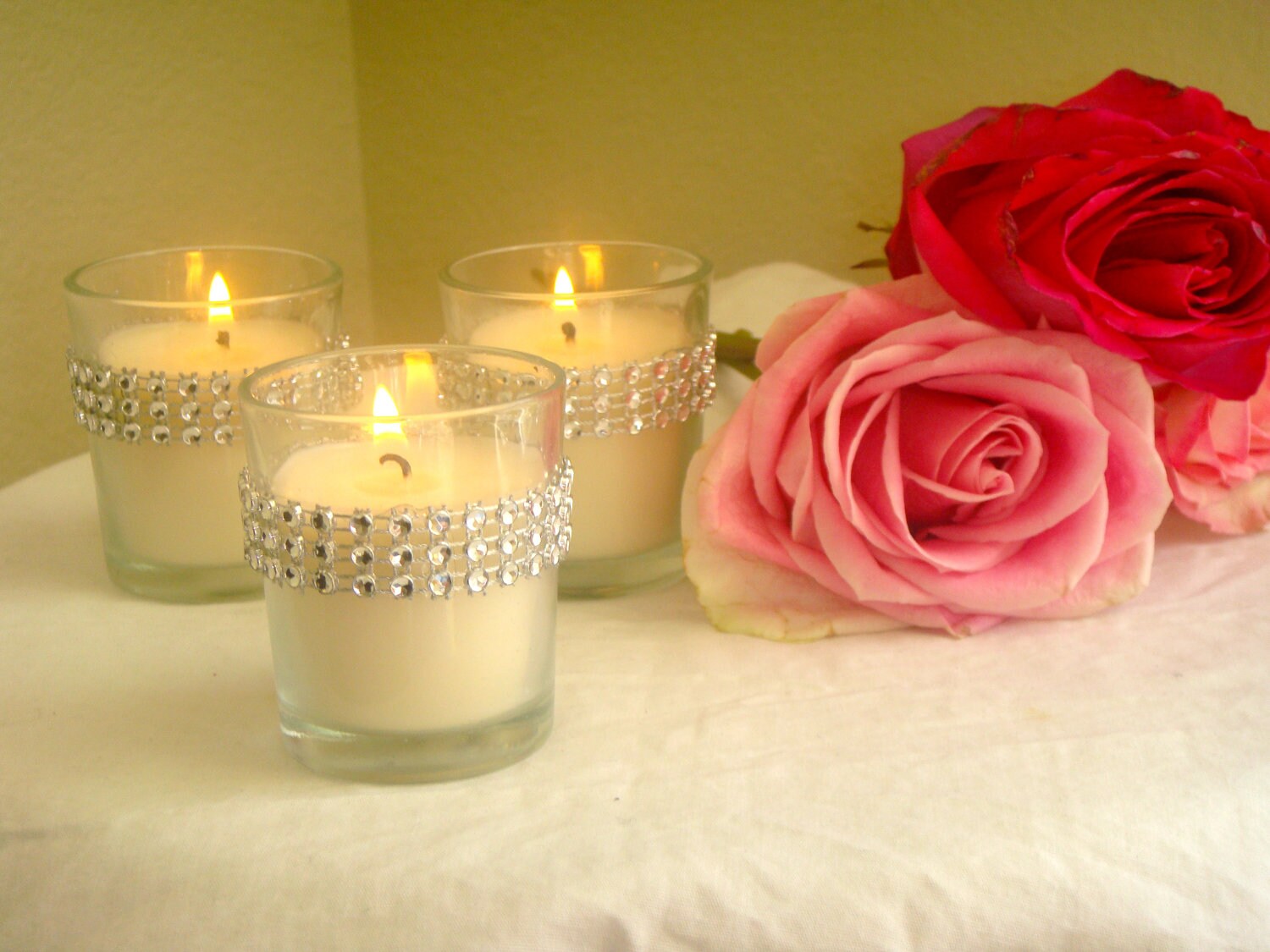 Set of 25 Silver Rhinestone Wrapped Votive Candles Wedding or