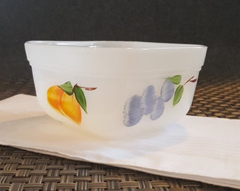Vintage Fire King Gay Fad Fruit Milk Glass small square bowl 1950's Grapes and Peaches