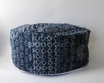 24 inch diameter round Pouf Floor Cushion Cover,Indigo Blue Kantha.Floor pillow,India arts,handicrafts,Indian floor pouf.