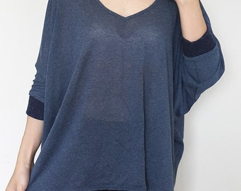 SC017: Blue Women Blouse, Oversized Tee, Dolman Sleeve Top, Oversized Top, V Neck Tee, Ladies Tshirt, Casual Chic Women Top, Gray Tee
