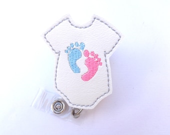 Retractable badge holder - Baby Love - white marine vinyl bodysuit with baby feet - pediatrician nurse labor delivery midwife - badge reel