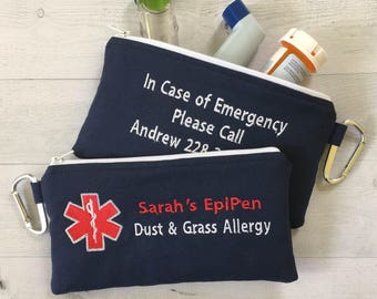 Double sided Medical Alert pouch, EpiPen Inhaler Case, Emergency Medical Bag, Allergy Alert, First Aid Kit, Zippered Pouch, Personalized