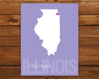 Custom Illinois, Personalized State Print, State Love, State Map, Country, Heart, Silhouette, 8 x 10 Wall Art Print
