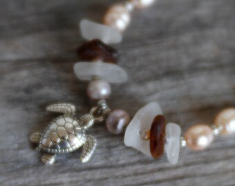 Sea Glass with Freshwater Pearls on Sterling Silver Necklace with Pewter Turtle Charm