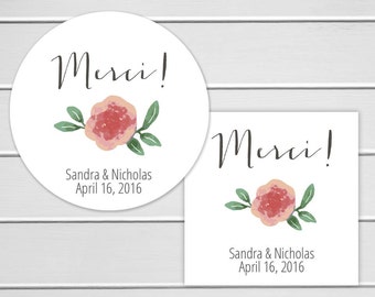 Merci Stickers, Personalized Thank You Wedding Stickers, Merci Labels, Envelope Seals (#253)