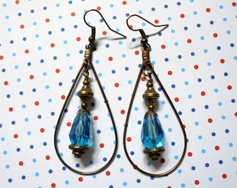Aqua and Brass Teardrop Earrings (3026)