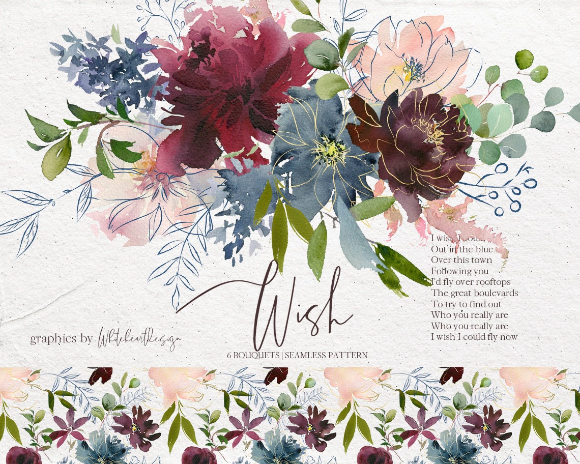 Download Wish Bordo & Navy Watercolor Floral Clipart Burgundy Red ...