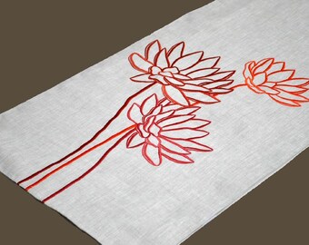 Lotus Table Runner, Linen Table Runner 14' x 64", Natural Linen Orange Lotus, Wedding Table Runner, Flower Table Linen, Modern Tabletop