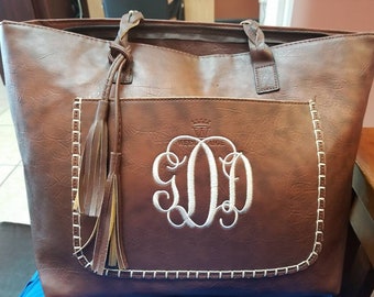 Monogram leather purse, Tassel tote, braided handle handbag, tassel leather tote, Monogram Purse, leather tote, brown leather, braided tote