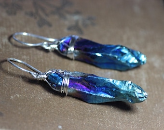 Blue Quartz Point Earrings Blue Earrings Quartz Crystal Silver Wire Wrapped Earrings Luxe Rustic Jewelry