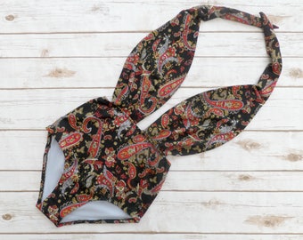 Swimsuit High Waisted Vintage Style One Piece Retro Pin-up Maillot - Black and Red Paisley Floral Print Bathing Suit Swimwear - So Cute!