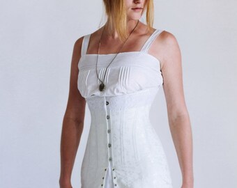 Late Edwardian 1910s Corset, Underbust Corset, 1910's Edwardian Corset in white cotton coutil brocade,