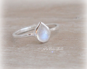 Rainbow Moonstone Ring Sterling Silver, Stacking Ring, Boho Ring, Gemstone Stacker, Pear Shaped, June Birthstone, Handmade ring, NEW