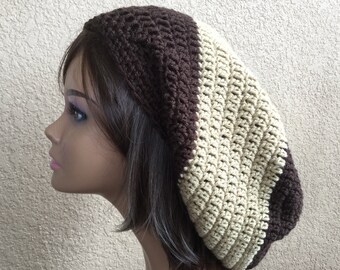Rasta Tam, Brown Rasta hat, Brown Stripe Baggy Hat, Extra full Slouchy Beanie, Hipster Boho Hat