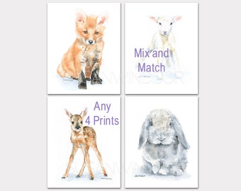 Watercolor Nursery Art - Mix and Match any 4 Art Prints - Watercolor Painting - Print Set Animal Art