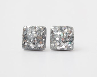 Silver Glitter Square Studs. Surgical Steel Posts.