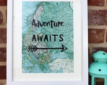 Map of Europe, Travel Quote, Adventure Awaits, Travel Map, Gift for traveller, Vintage Style Map, Leaving Gift, Graduation Gift