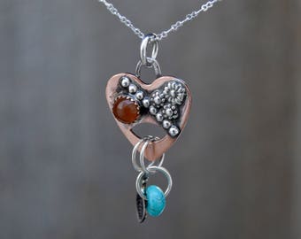 Soldered Small Copper Sterling Heart Rustic Necklace. Kingman Turquoise . Rustic . Relics . Stamped